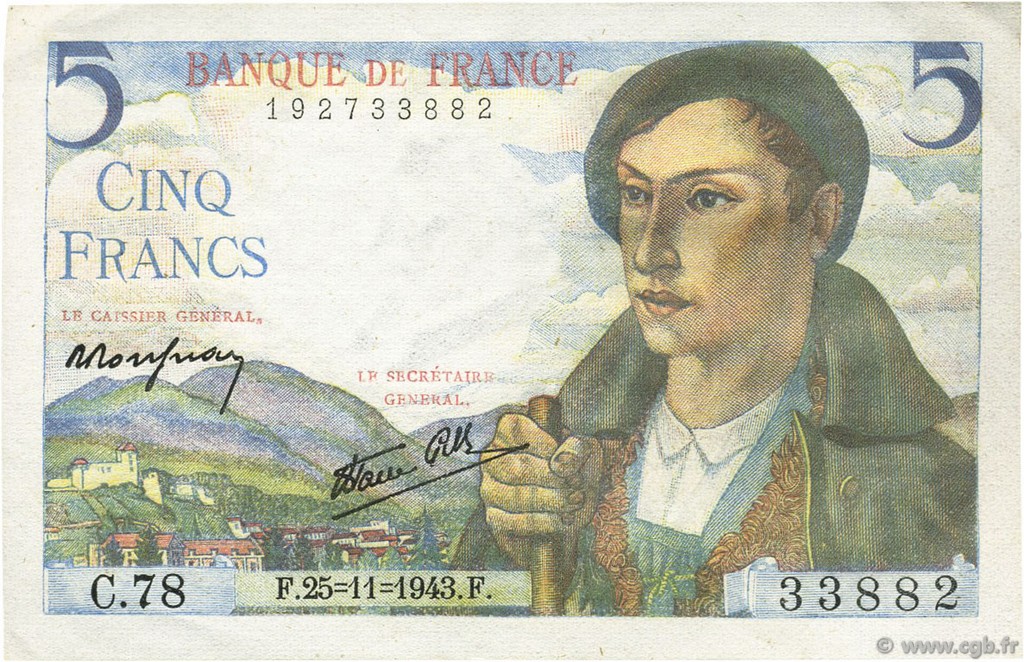 5 Francs BERGER FRANKREICH  1943 F.05.04 fST+