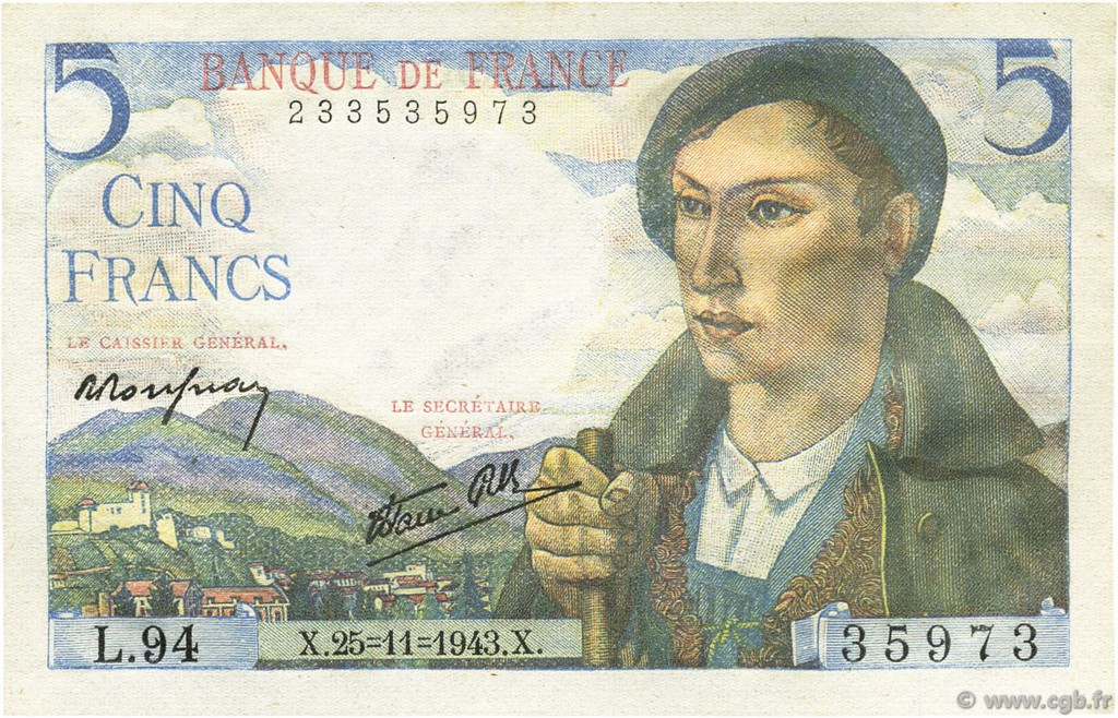 5 Francs BERGER FRANCE  1943 F.05.04 XF+