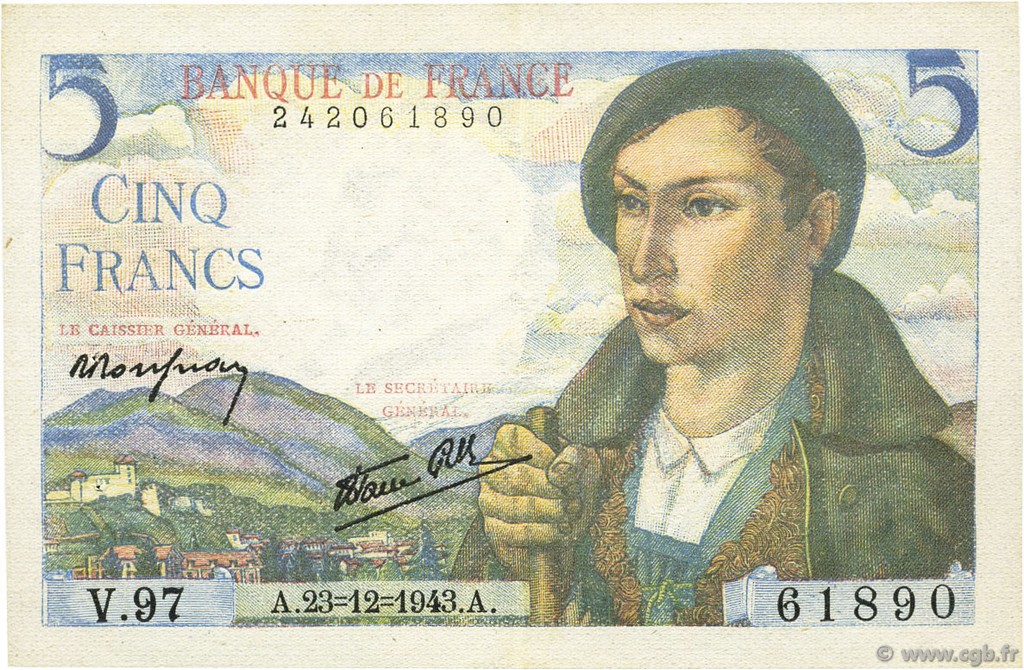 5 Francs BERGER FRANKREICH  1943 F.05.05 VZ