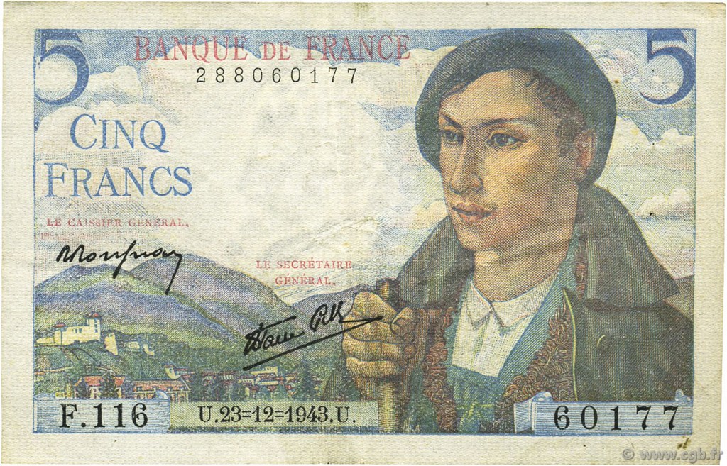5 Francs BERGER FRANCE  1943 F.05.05 VF