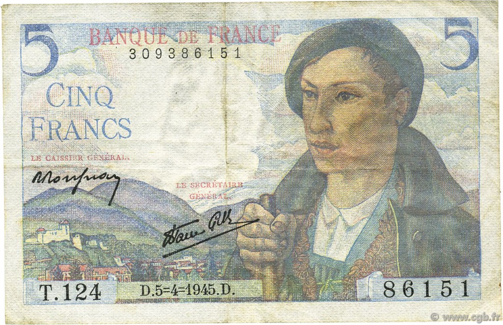 5 Francs BERGER FRANCE  1945 F.05.06 VF