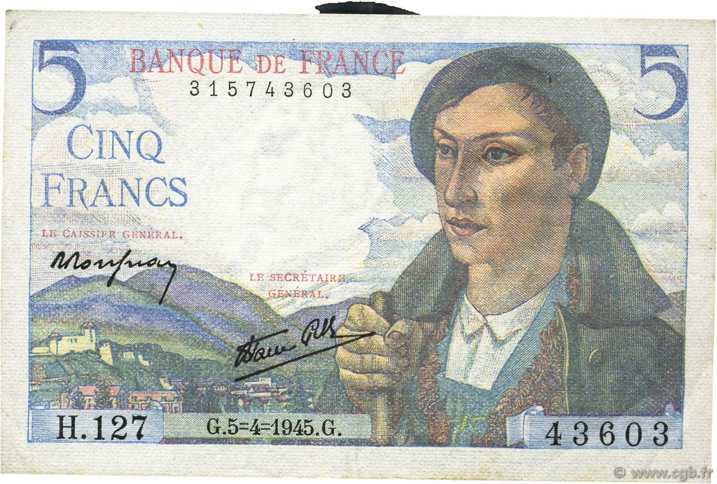 5 Francs BERGER FRANKREICH  1945 F.05.06 VZ