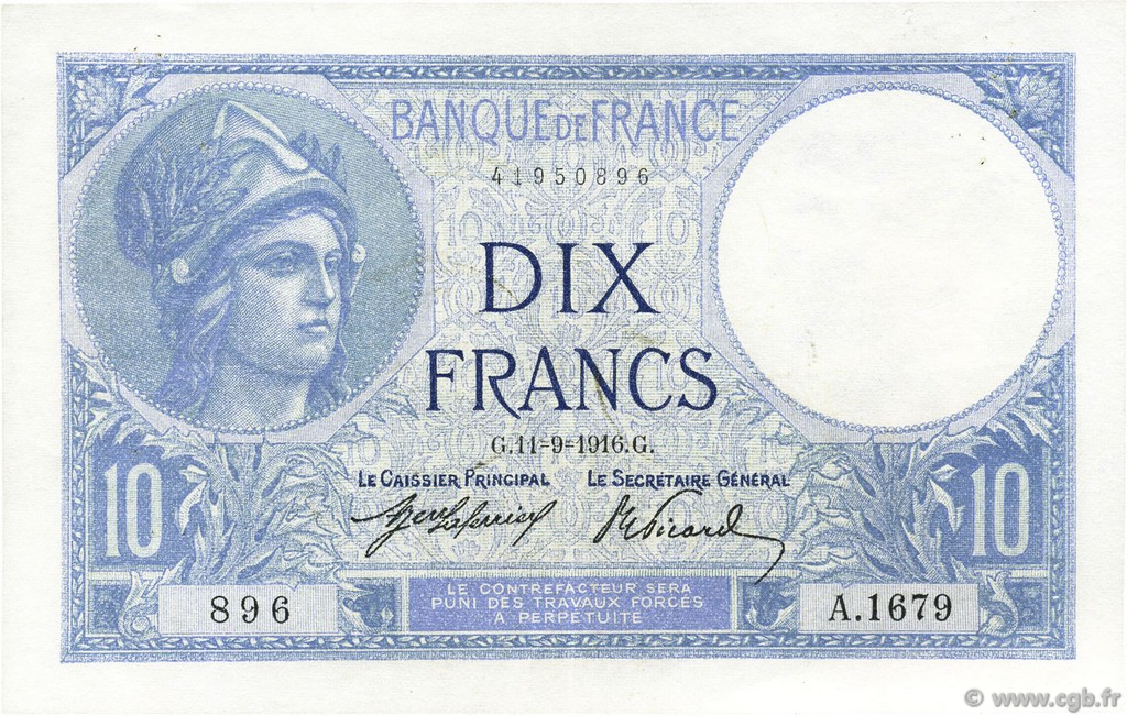 10 Francs MINERVE FRANCE  1916 F.06.01 XF-