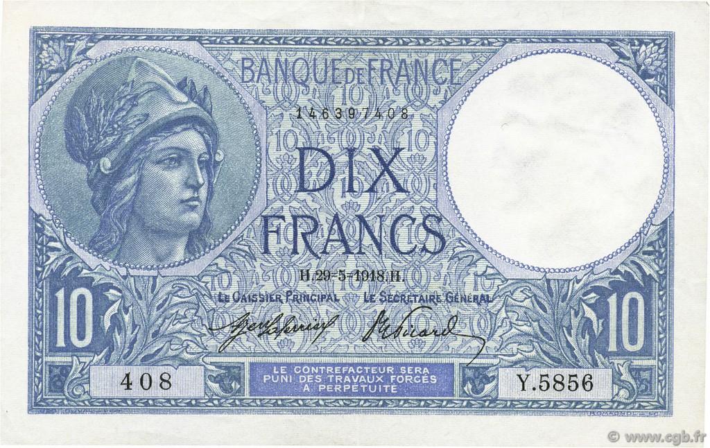 10 Francs MINERVE FRANCE  1918 F.06.03 XF+