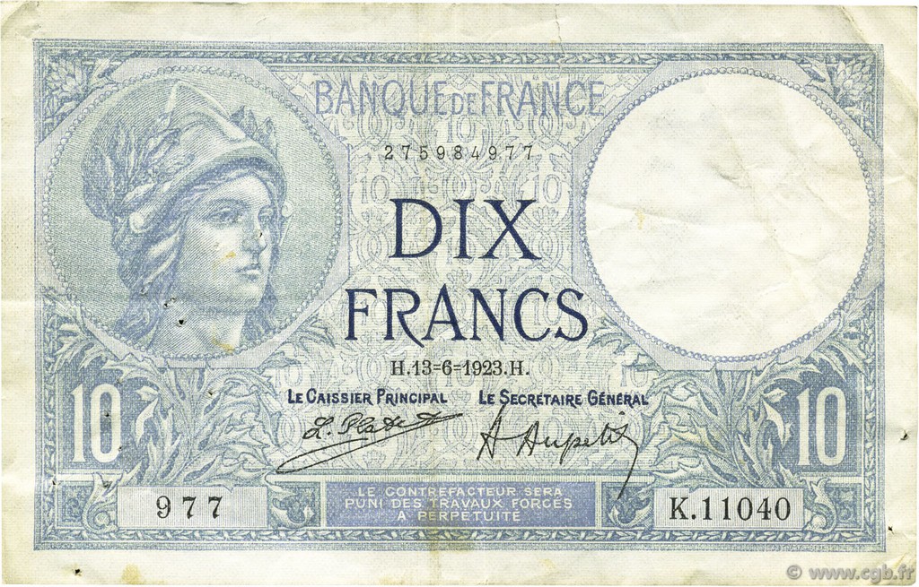 10 Francs MINERVE FRANCIA  1923 F.06.07 BB
