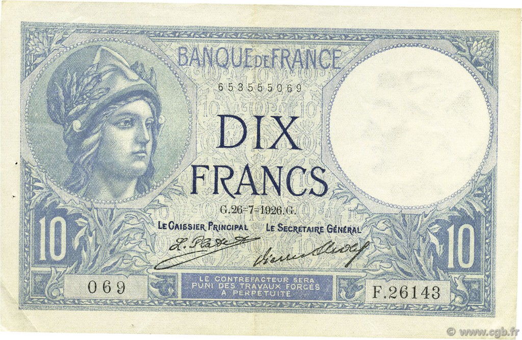 10 Francs MINERVE FRANCE  1926 F.06.11 XF