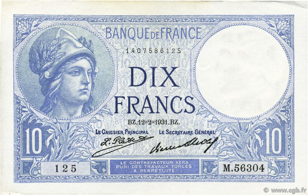 10 Francs MINERVE FRANKREICH  1931 F.06.15 VZ+