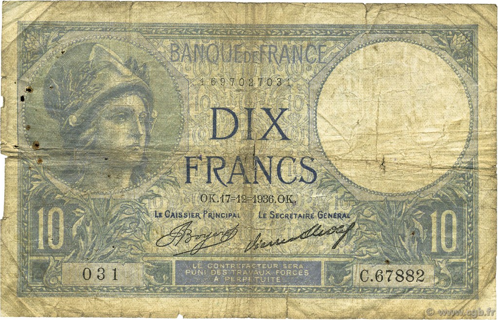 10 Francs MINERVE FRANKREICH  1936 F.06.17 SGE