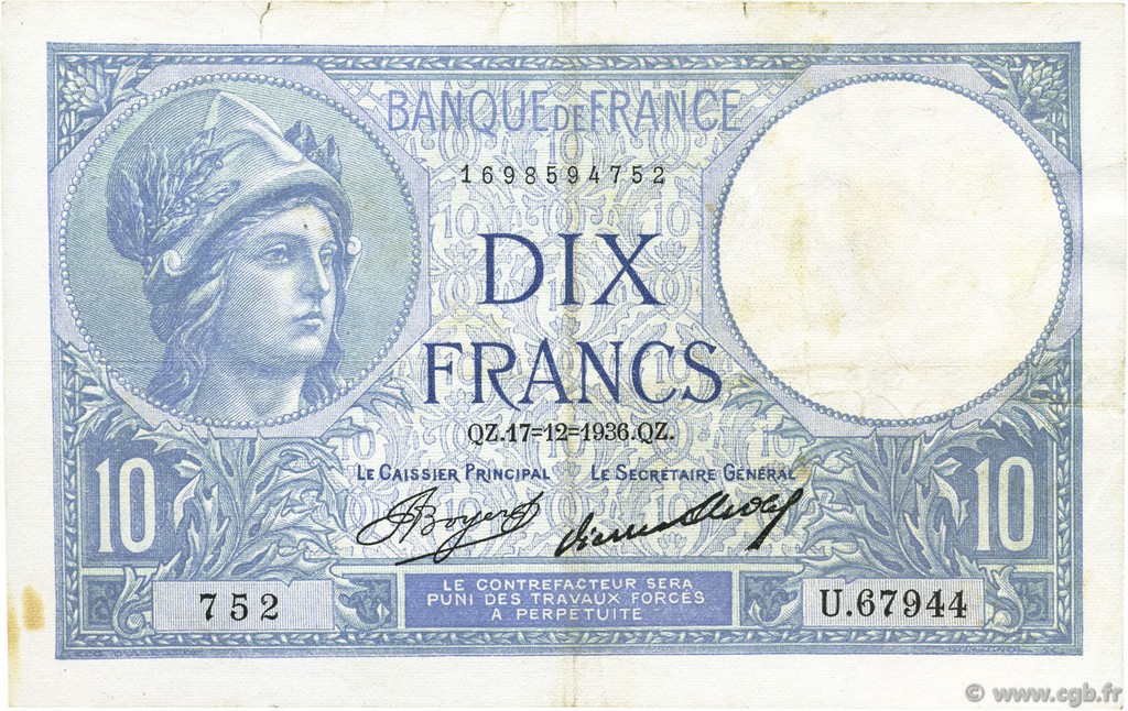 10 Francs MINERVE FRANCE  1936 F.06.17 TTB+