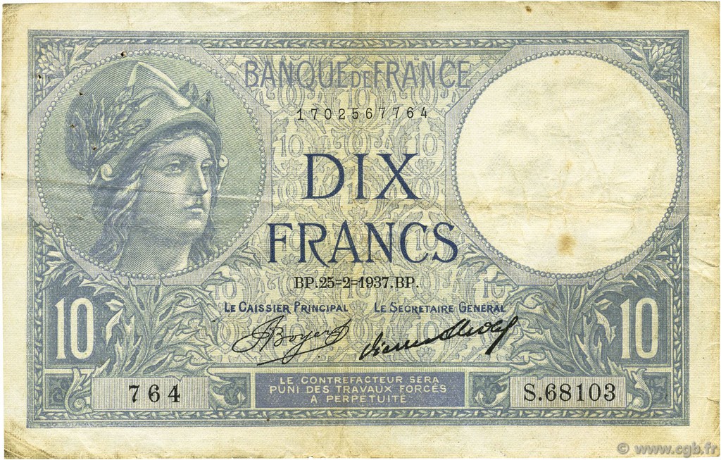10 Francs MINERVE FRANCIA  1937 F.06.18 MB