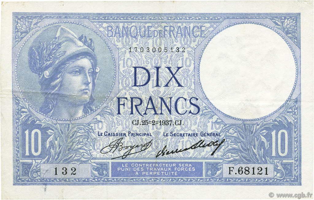 10 Francs MINERVE FRANCE  1937 F.06.18 VF+