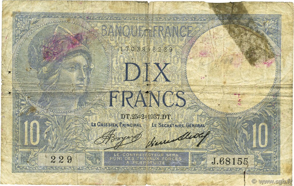 10 Francs MINERVE FRANKREICH  1937 F.06.18 SGE
