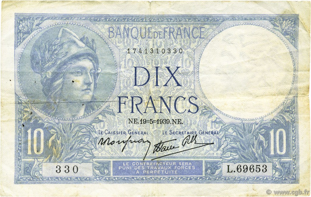 10 Francs MINERVE modifié FRANCE  1939 F.07.03 F+