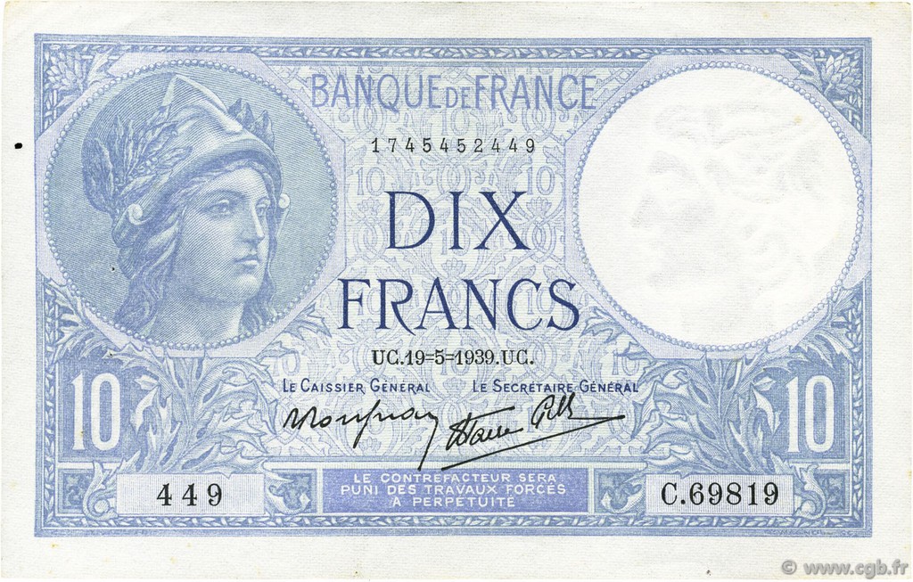 10 Francs MINERVE modifié FRANCE  1939 F.07.03 XF-