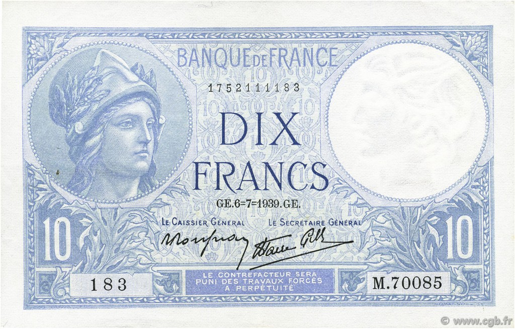 10 Francs MINERVE modifié FRANCE  1939 F.07.04 XF+