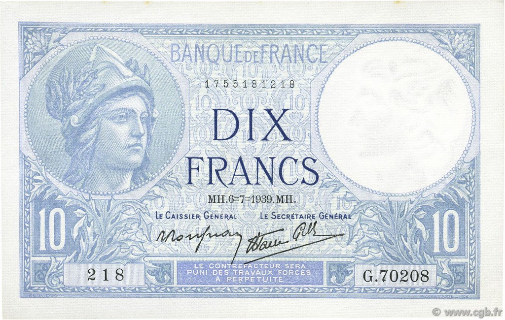 10 Francs MINERVE modifié FRANCE  1939 F.07.04 AU