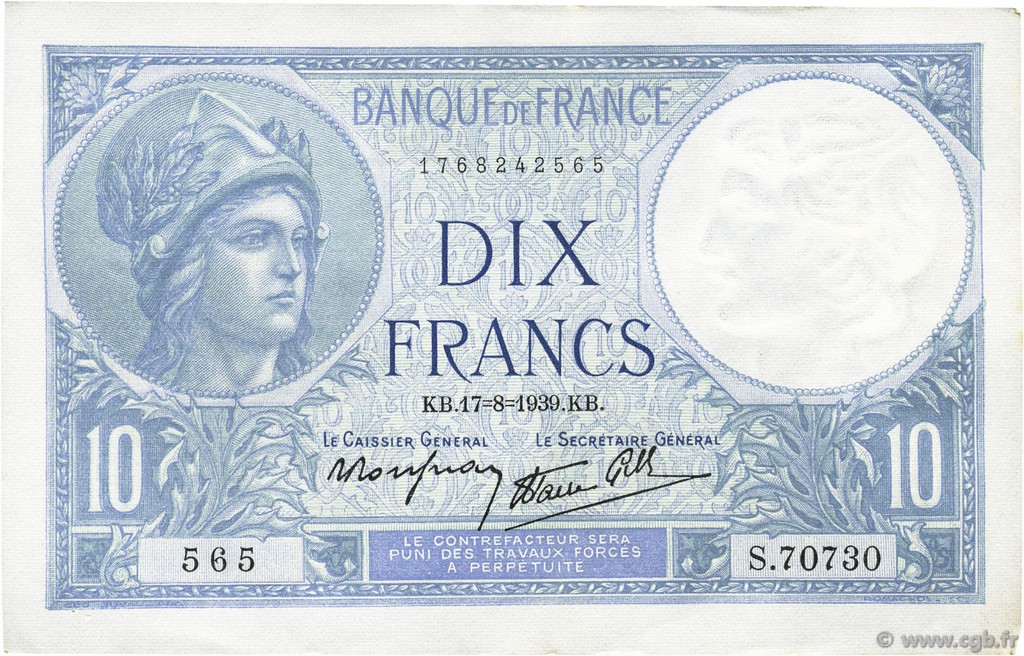 10 Francs MINERVE modifié FRANCE  1939 F.07.05 AU+