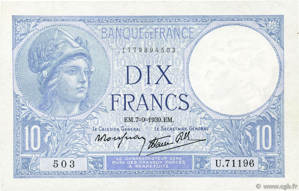 10 Francs MINERVE modifié FRANCE  1939 F.07.06 AU