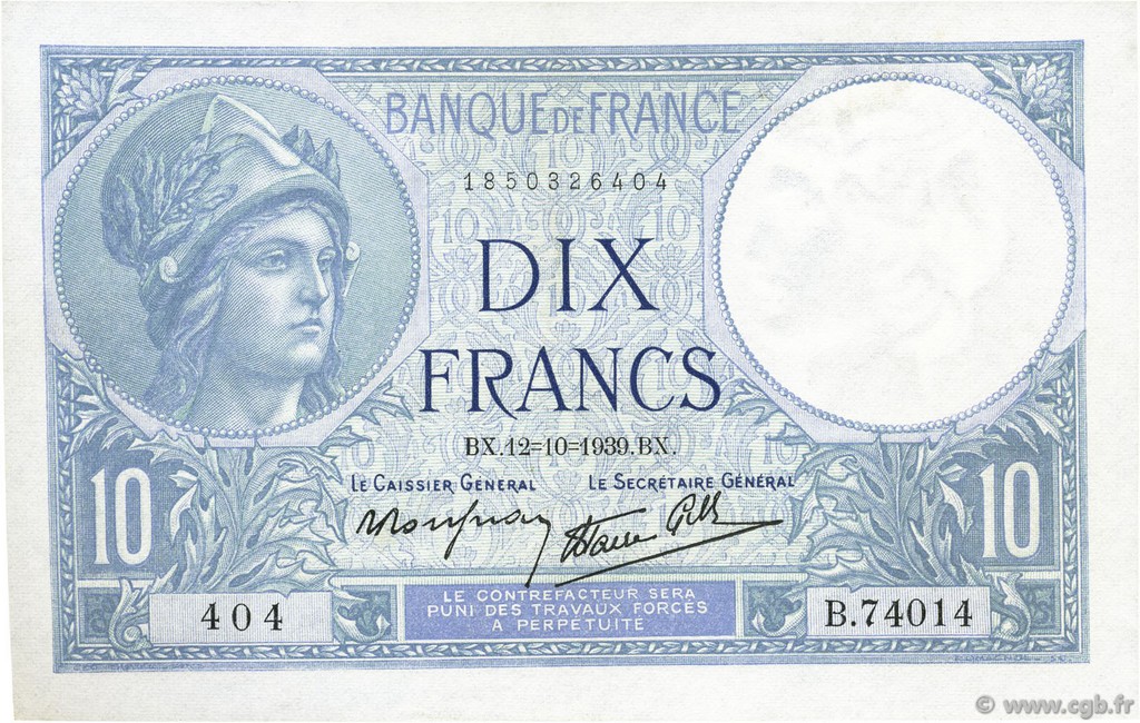 10 Francs MINERVE modifié FRANCE  1939 F.07.11 AU