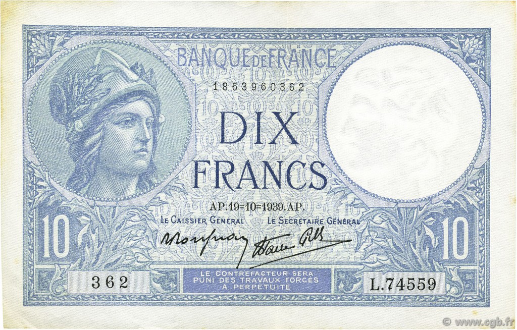 10 Francs MINERVE modifié  FRANCE  1939 F.07.12 SUP+