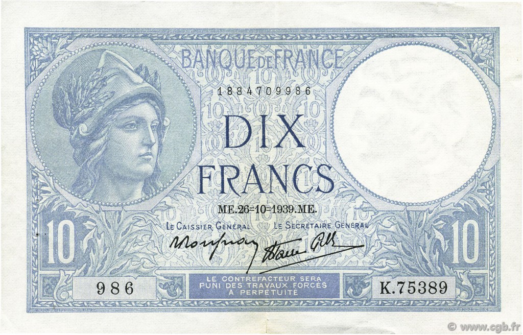 10 Francs MINERVE modifié FRANCE  1939 F.07.13 XF