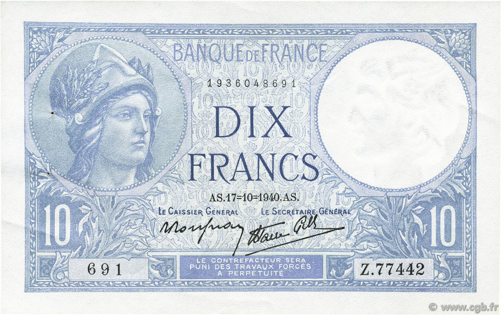 10 Francs MINERVE modifié FRANCE  1940 F.07.17 XF