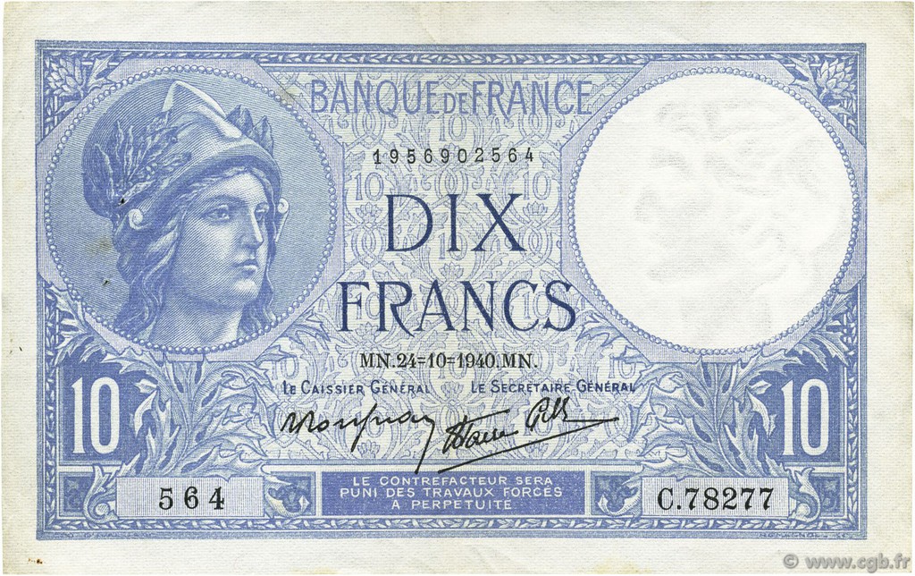 10 Francs MINERVE modifié FRANKREICH  1940 F.07.18 VZ