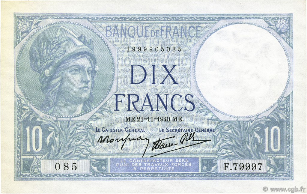 10 Francs MINERVE modifié FRANKREICH  1940 F.07.21 VZ