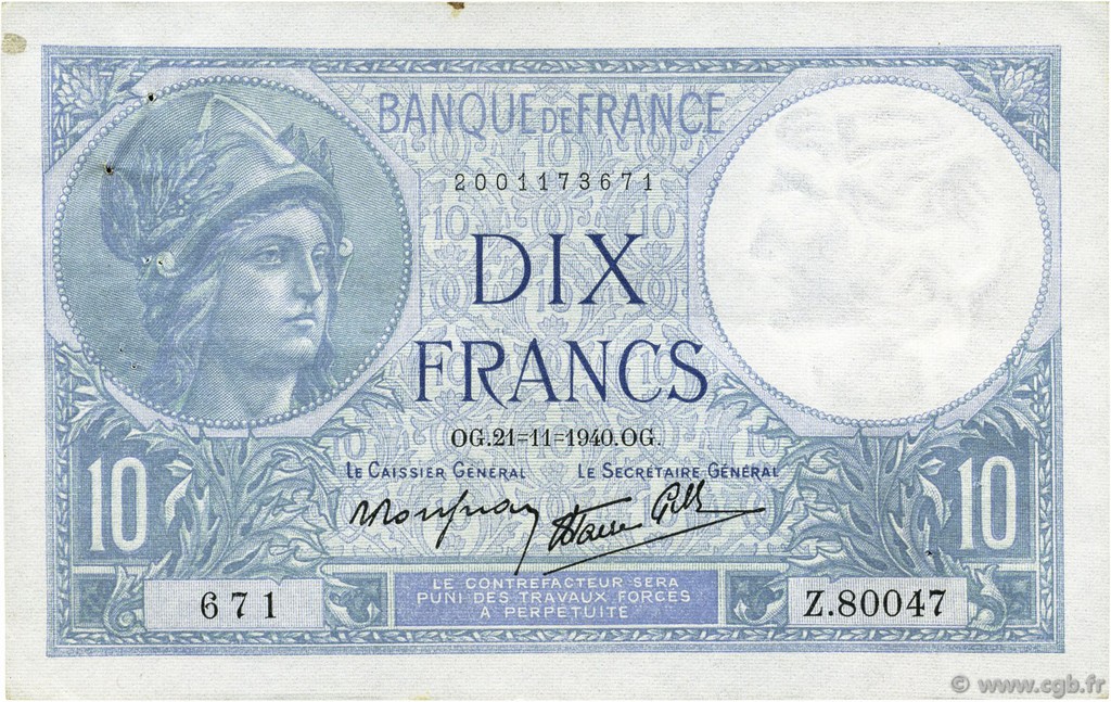 10 Francs MINERVE modifié  FRANCIA  1940 F.07.21 SPL
