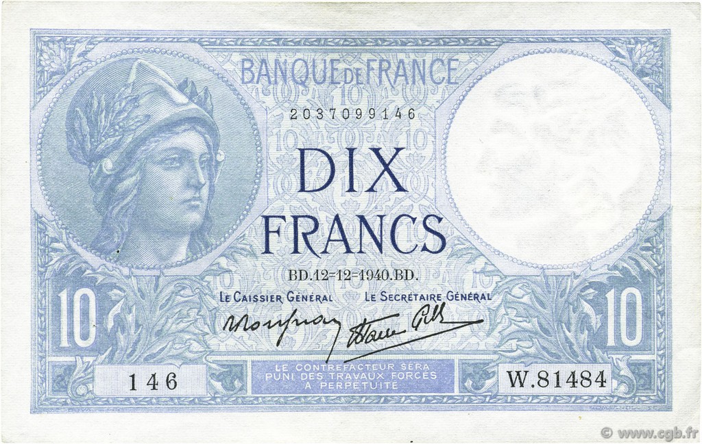 10 Francs MINERVE modifié FRANCIA  1940 F.07.24 EBC