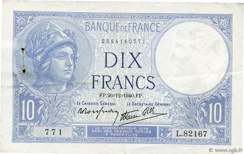 10 Francs MINERVE modifié FRANKREICH  1940 F.07.25 fVZ