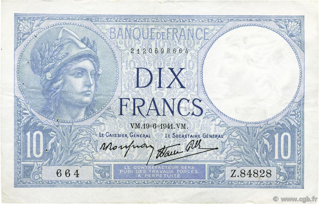 10 Francs MINERVE modifié FRANCE  1941 F.07.29 XF-