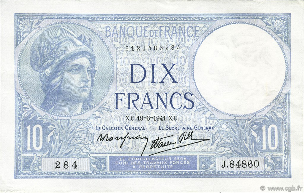 10 Francs MINERVE modifié FRANCIA  1941 F.07.29 EBC+