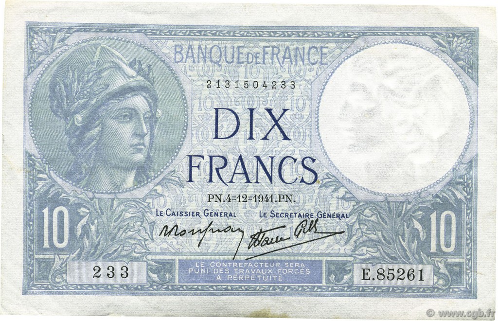 10 Francs MINERVE modifié FRANKREICH  1941 F.07.30 VZ