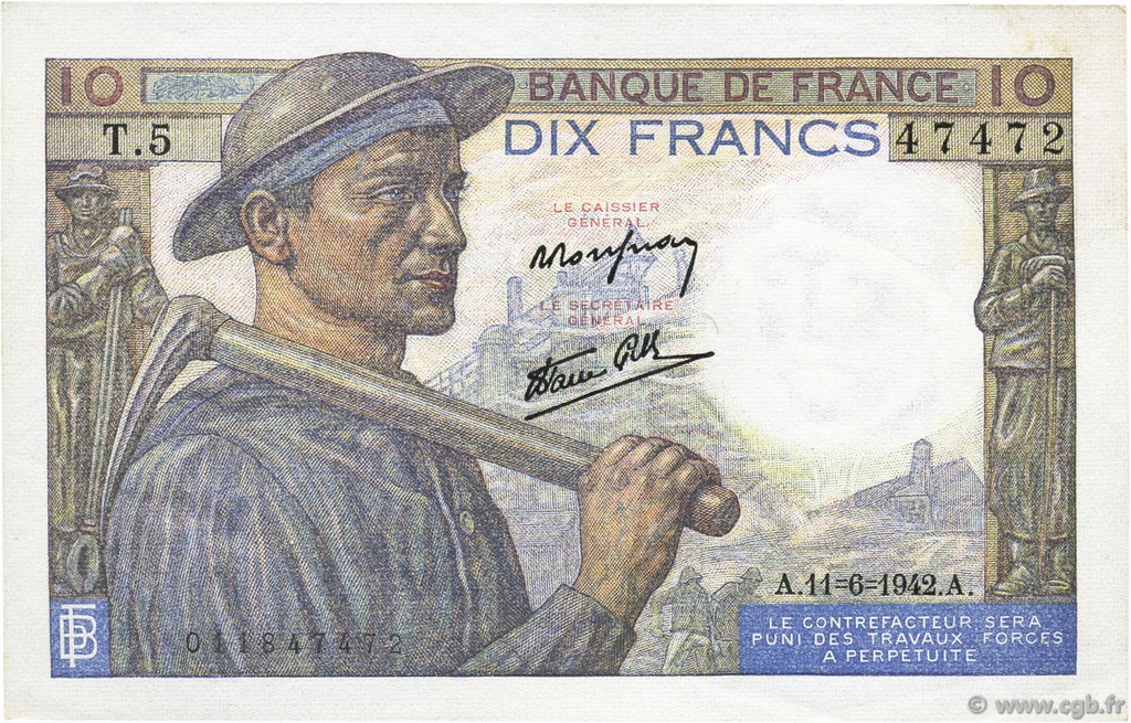 10 Francs MINEUR FRANKREICH  1942 F.08.03 fST
