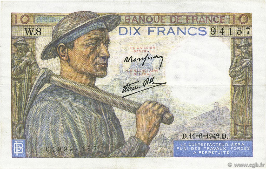 10 Francs MINEUR FRANCE  1942 F.08.03 XF