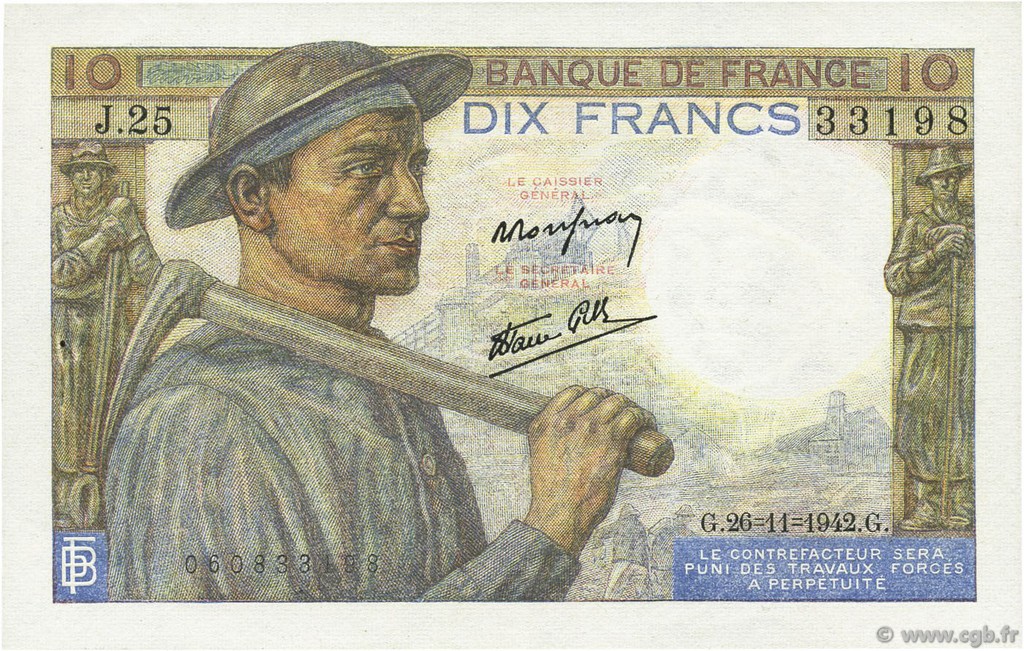 10 Francs MINEUR FRANKREICH  1942 F.08.06 fST