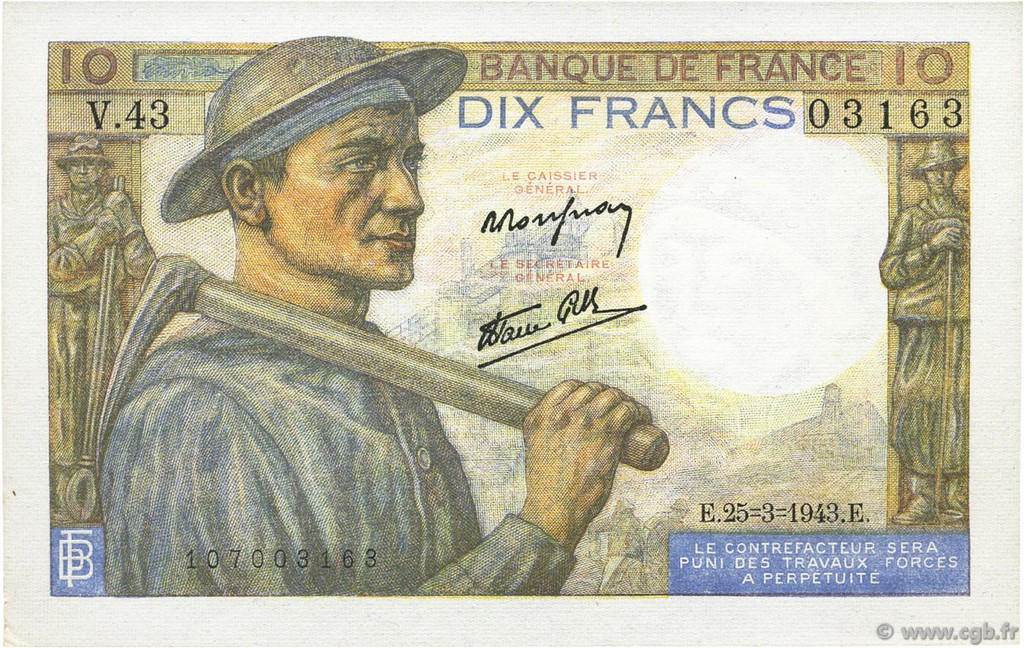 10 Francs MINEUR FRANCE  1943 F.08.08 AU