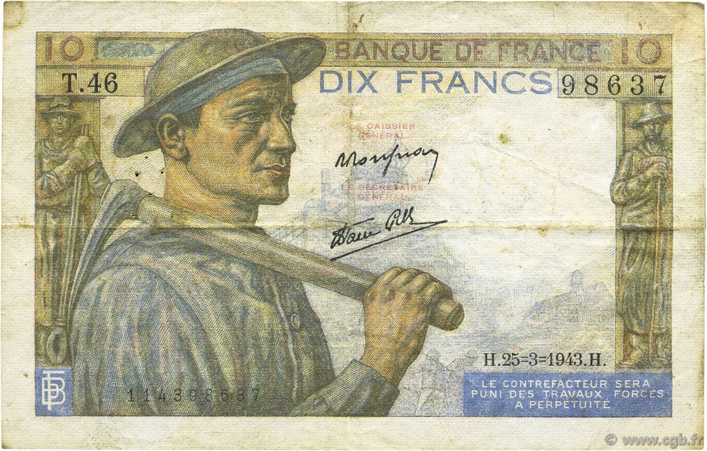 10 Francs MINEUR FRANCE  1943 F.08.08 F+