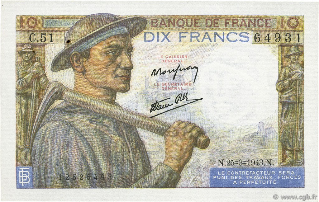 10 Francs MINEUR FRANCIA  1943 F.08.08 AU