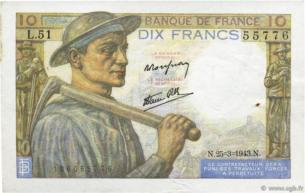 10 Francs MINEUR FRANCE  1943 F.08.08 XF