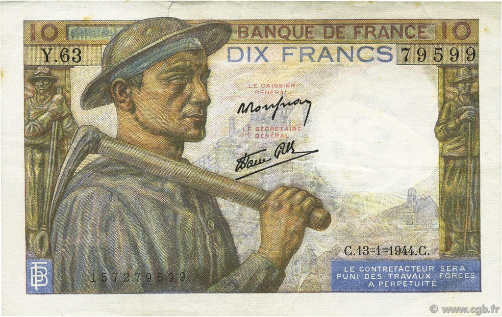 10 Francs MINEUR FRANKREICH  1944 F.08.10 fVZ