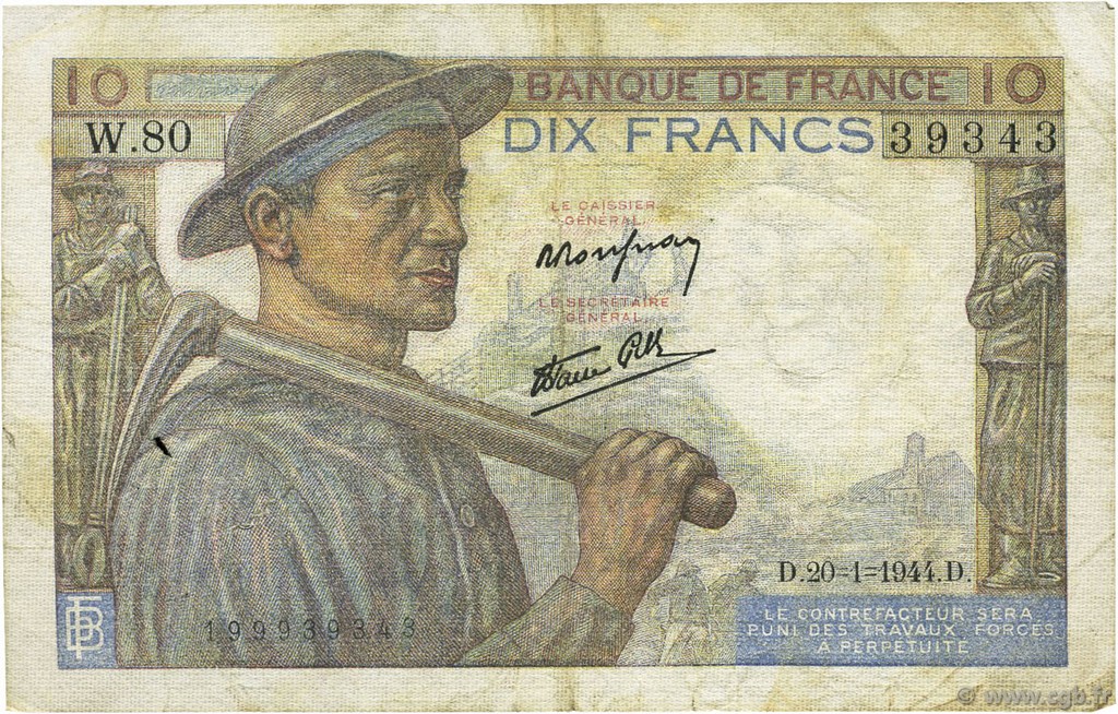 10 Francs MINEUR FRANCIA  1944 F.08.11 MBC