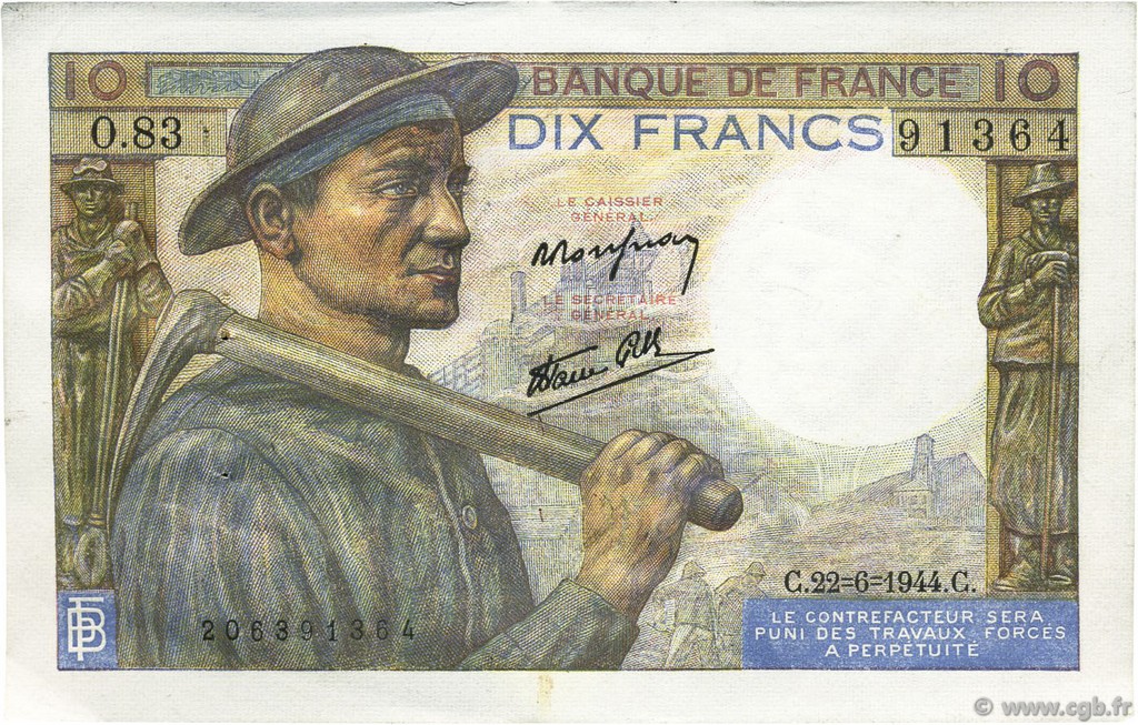 10 Francs MINEUR FRANCE  1944 F.08.12 XF