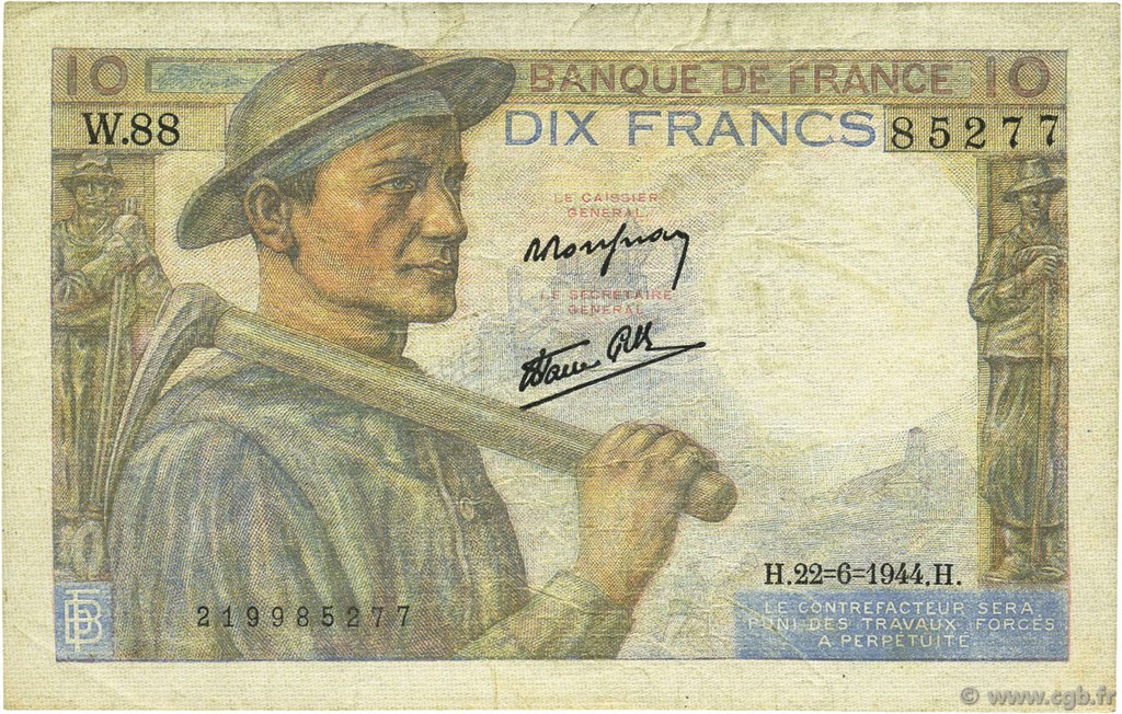 10 Francs MINEUR FRANCIA  1944 F.08.12 MBC
