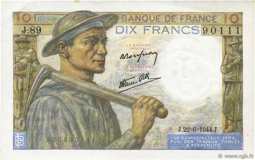 10 Francs MINEUR FRANCE  1944 F.08.12 XF+