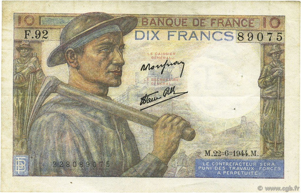 10 Francs MINEUR FRANCE  1944 F.08.12 VF+