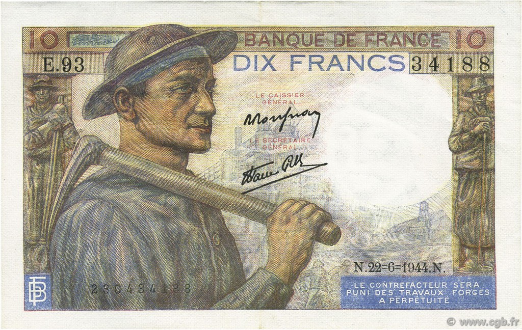 10 Francs MINEUR FRANCIA  1944 F.08.12 SPL