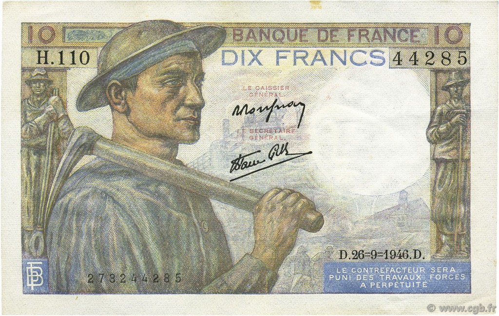 10 Francs MINEUR FRANCE  1946 F.08.15 XF