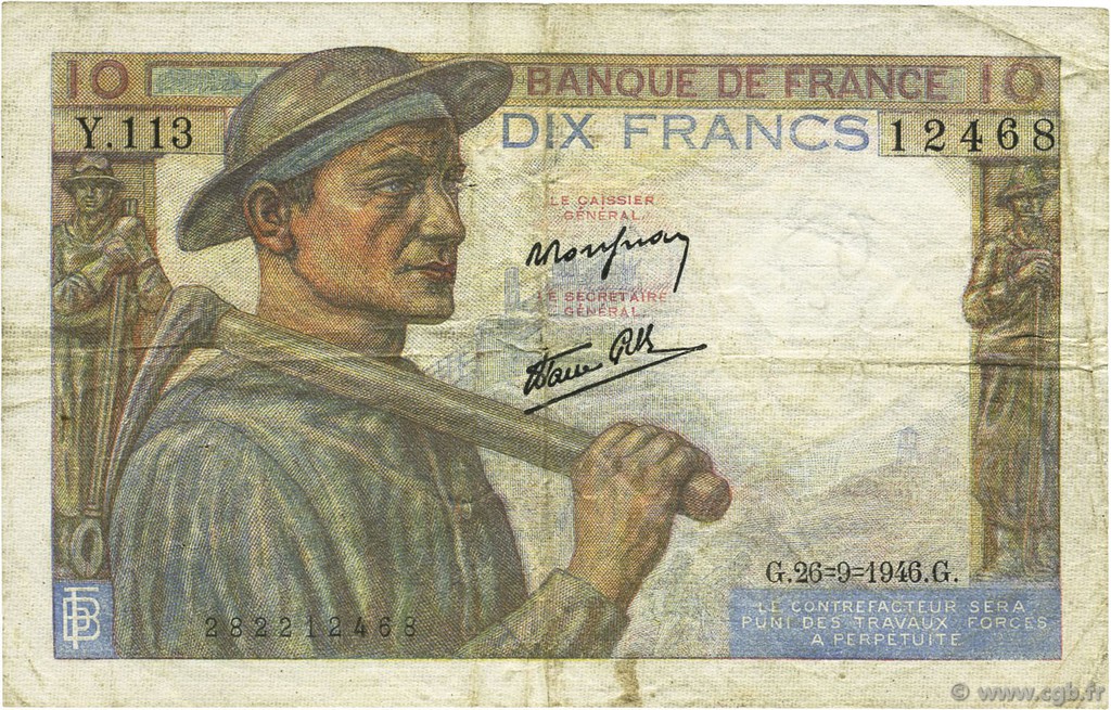 10 Francs MINEUR FRANCE  1946 F.08.15 VF